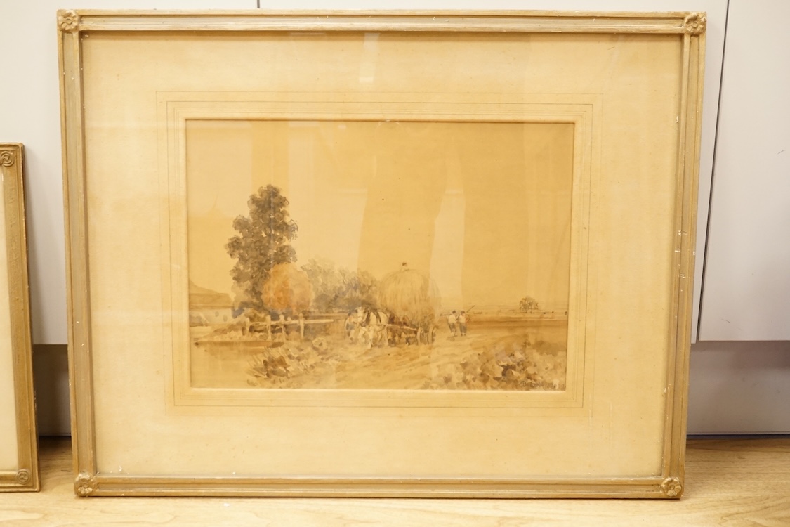 David Cox (1809-1885), Haymaking scene, signed and dated 1854, together with another smaller work, Riverscape with anglers, signed, two watercolours, 29 x 41cm